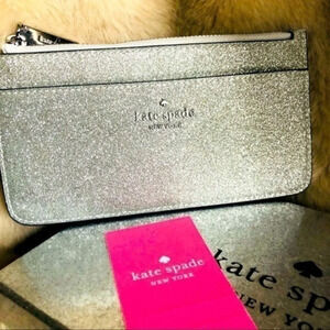 Kate Spade New York Silver Glitter Zip Card Holder Wallet NWT